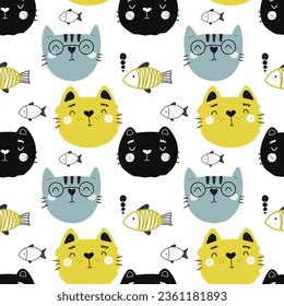 Seamless pattern with cute kittens, children's print for fabric or packaging. Vector.