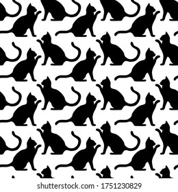 Seamless pattern with cute kittens. Creative childish texture. Vector black and white Illustration.