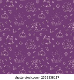 Seamless pattern with cute kittens. Decorative purple background. Vector illustration.