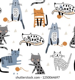 Seamless pattern with cute Kittens in diferent style playing with balls of yarn. Creative childish texture. Great for fabric, textile Vector Illustration