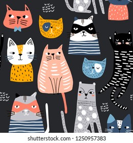 Seamless pattern with cute Kittens in diferent style. Creative childish texture. Great for fabric, textile Vector Illustration