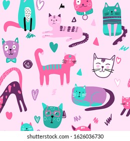 Seamless pattern with cute Kittens in diferent style. Creative childish texture. Great for fabric, textile Vector Illustration