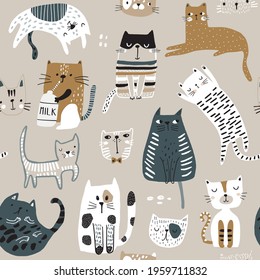 Seamless pattern with cute Kittens in diferent style. Creative childish texture. Great for fabric, textile Vector Illustration