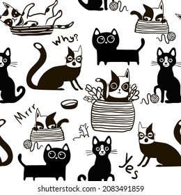 Seamless pattern with cute Kittens in diferent style. Creative childish texture. Great for fabric, textile Vector Illustration Pattern