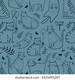 Nahtloses Muster mit süßen Kätzchen in verschiedenen Stilen. Kreative kindische Textur. Ideal für Stoff, Textil Vektorgrafik

