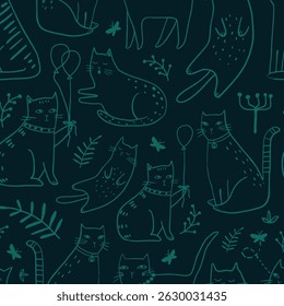 Padrão perfeito com gatinhos bonitos em estilo diferente. Textura infantil criativa. Excelente para tecido, ilustração de vetor têxtil
