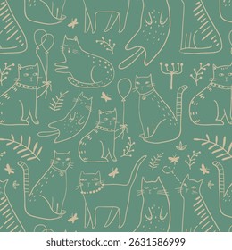 Seamless pattern with cute Kittens in diferent style. Creative childish texture. Great for fabric, textile Vector Illustration
