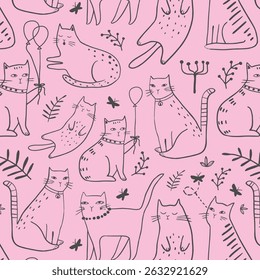 Seamless pattern with cute Kittens in diferent style. Creative childish texture. Great for fabric, textile Vector Illustration
