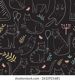Padrão perfeito com gatinhos bonitos em estilo diferente. Textura infantil criativa. Excelente para tecido, ilustração de vetor têxtil
