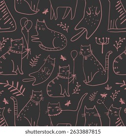 Padrão perfeito com gatinhos bonitos em estilo diferente. Textura infantil criativa. Excelente para tecido, ilustração de vetor têxtil
