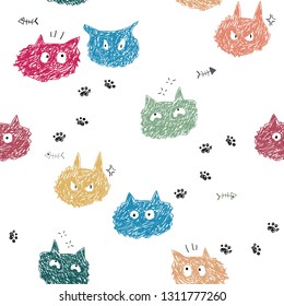 Seamless pattern with cute Kittens in different mood, doodle style. Creative childish texture. Great for fabric, textile Vector Illustration - vector
