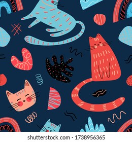 Patrón sin foco con gatitos lindos al estilo Doodle. Diseño moderno para niños. Ideal para tejidos, textiles, regalos, postales, vacaciones. Ilustración vectorial.
