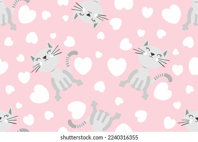 Seamless pattern with cute Kittens and hearts. Creative childish pink texture. Great for fabric, textile Vector Illustration