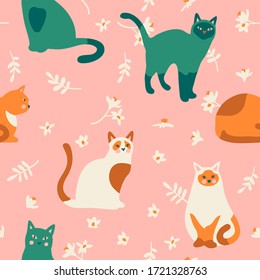 Seamless pattern with cute kittens, leaves and flowers. Creative childish texture. Vector Illustration.