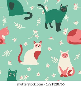 Seamless pattern with cute kittens, leaves and flowers. Creative childish texture. Vector Illustration.