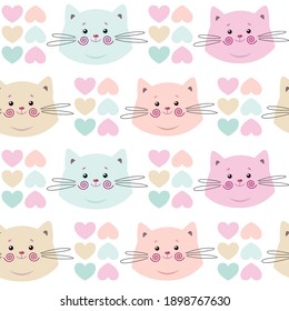 Nahtloses Muster. Kätzchen in Pastellfarben. Ideal für Babygewebe, Textilien, Tapeten. Katzen. Kinder Cartoon, Vektorhintergrund. 