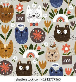 Seamless pattern with cute kittens. Vector cartoon illustration