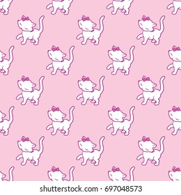 Seamless pattern with cute kitties stickers isolated on pink background. Vector illustration.