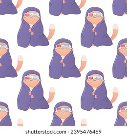 Seamless pattern cute kitty in a blanket wearing 3d glasses