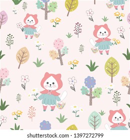 Seamless pattern cute kitty cat wear dress happy with flower in the  garden,illustration vector doodle comic art.