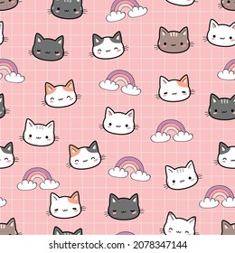 seamless pattern with cute kitty cat head cartoon doodle vector illustration