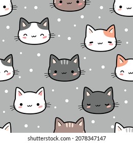 seamless pattern with cute kitty cat head cartoon doodle vector illustration