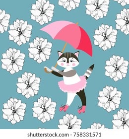 Seamless pattern with cute kitty, pink umbrella and delphinium flowers on blue background. Print for fabric, wallpaper, greeting card.