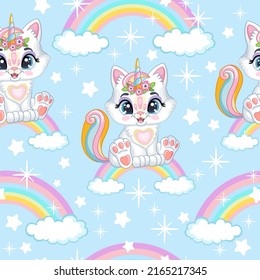 Seamless pattern cute kitty unicorn on a rainbow. Cartoon vector illustration with cat character. Girlish print for textile, fabrics, wallpaper, design, linen, decor, linen, packaging and kids apparel