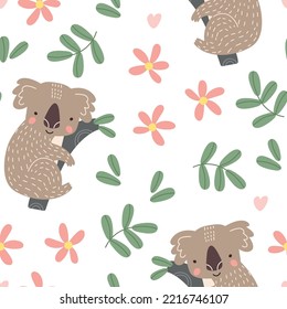 Seamless pattern with cute koala animal. Vector illustration for printing on fabric, packaging paper. Cute baby background 
