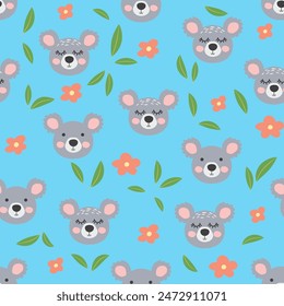 Patrón sin fisuras con caras de animales koala lindos. Ilustración en estilo boho, atrapasueños, cactus, palmeras, trópicos