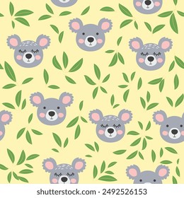 Patrón sin fisuras con caras de animales koala lindos. Ilustración en estilo boho, atrapasueños, cactus, palmeras, trópicos