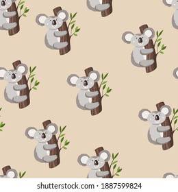 Seamless pattern with cute koala baby on color background. Funny australian animals. Card, postcards for kids. Flat vector illustration for fabric, textile, wallpaper, poster, gift wrapping paper.