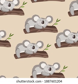 Seamless pattern with cute koala baby on color background. Funny australian animals. Card, postcards for kids. Flat vector illustration for fabric, textile, wallpaper, poster, gift wrapping paper.