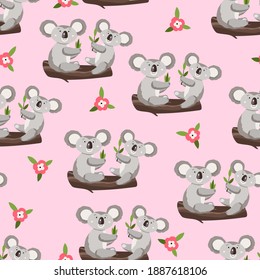 Seamless pattern with cute koala baby and flowers on color background. Funny australian animals. Card, postcards for kids. Flat vector illustration for fabric, textile, wallpaper, poster, paper.