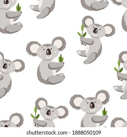 Seamless pattern with cute koala baby on white background. Funny australian animals. Card, postcards for kids. Flat vector illustration for fabric, textile, wallpaper, poster, gift wrapping paper.