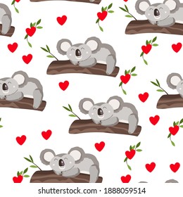 Seamless pattern with cute koala baby and hearts on white background. Funny australian animals. Card, postcards for kids. Flat vector illustration for fabric, textile, wallpaper, poster, paper.
