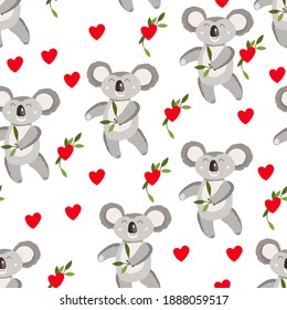 Seamless pattern with cute koala baby and hearts on white background. Funny australian animals. Card, postcards for kids. Flat vector illustration for fabric, textile, wallpaper, poster, paper.