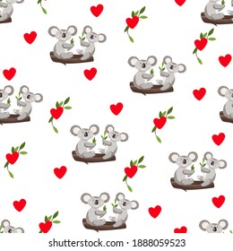 Seamless pattern with cute koala baby and hearts on white background. Funny australian animals. Card, postcards for kids. Flat vector illustration for fabric, textile, wallpaper, poster, paper.