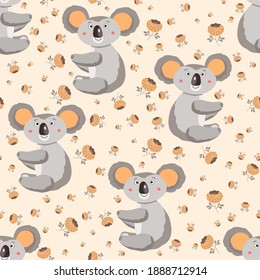 Seamless Pattern With Cute Koala Baby And Flowers On Color Background. Funny Australian Animals. Card, Postcards For Kids. Flat Vector Illustration For Fabric, Textile, Wallpaper, Poster, Paper.