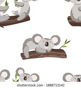 Seamless pattern with cute koala baby on white background. Funny australian animals. Card, postcards for kids. Flat vector illustration for fabric, textile, wallpaper, poster, gift wrapping paper.