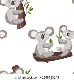 Seamless pattern with cute koala baby on white background. Funny australian animals. Card, postcards for kids. Flat vector illustration for fabric, textile, wallpaper, poster, gift wrapping paper.