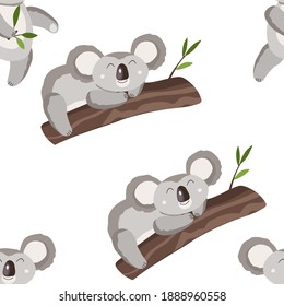Seamless pattern with cute koala baby on white background. Funny australian animals. Card, postcards for kids. Flat vector illustration for fabric, textile, wallpaper, poster, gift wrapping paper.