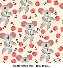 Seamless pattern with cute koala baby and flowers on color background. Funny australian animals. Card, postcards for kids. Flat vector illustration for fabric, textile, wallpaper, poster, paper.