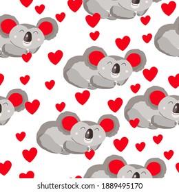 Seamless pattern with cute koala baby and hearts on white background. Funny australian animals. Card, postcards for kids. Flat vector illustration for fabric, textile, wallpaper, poster, paper.