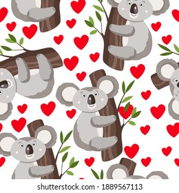 Nahtloses Muster mit süßem Koala-Baby und Herzen auf weißem Hintergrund. Schöne australische Tiere. Karte, Postkarten für Kinder. Flache Vektorgrafik für Gewebe, Textilien, Tapeten, Poster, Papier.
