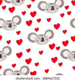 Seamless pattern with cute koala baby and hearts on white background. Funny australian animals. Card, postcards for kids. Flat vector illustration for fabric, textile, wallpaper, poster, paper.