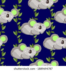 Seamless pattern with cute koala baby and leaves on color background. Funny australian animals. Card, postcards for kids. Flat vector illustration for fabric, textile, wallpaper, poster, paper.