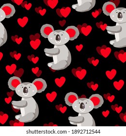 Seamless pattern with cute koala baby and hearts on dark background. Funny australian animals. Card, postcards for kids. Flat vector illustration for fabric, textile, wallpaper, poster, paper.