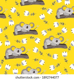 Seamless pattern with cute koala baby and flowers on color background. Funny australian animals. Card, postcards for kids. Flat vector illustration for fabric, textile, wallpaper, poster, paper.