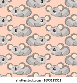 Seamless pattern with cute koala baby on color background. Funny australian animals. Card, postcards for kids. Flat vector illustration for fabric, textile, wallpaper, poster, gift wrapping paper.